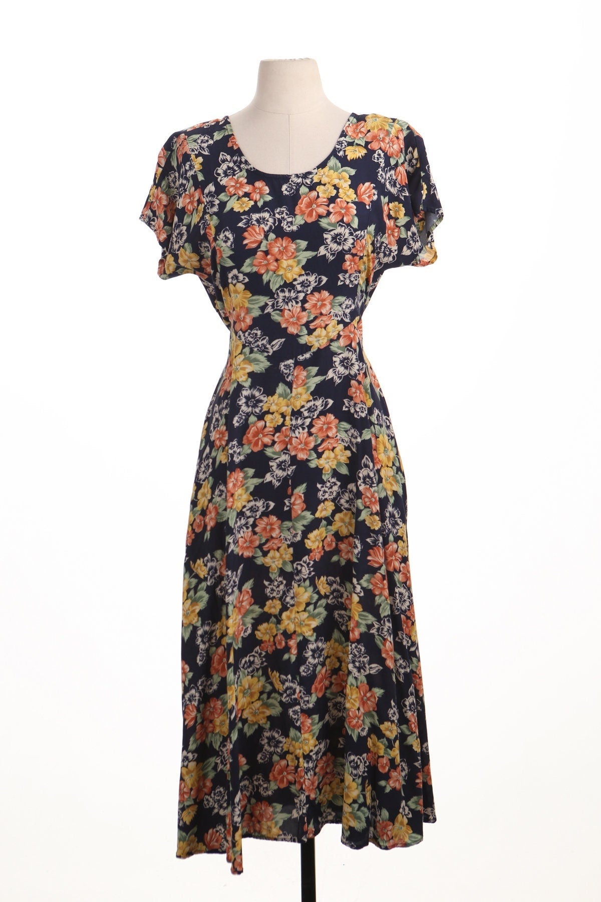 Vintage 90's summer spring casual dress long floral flower print black