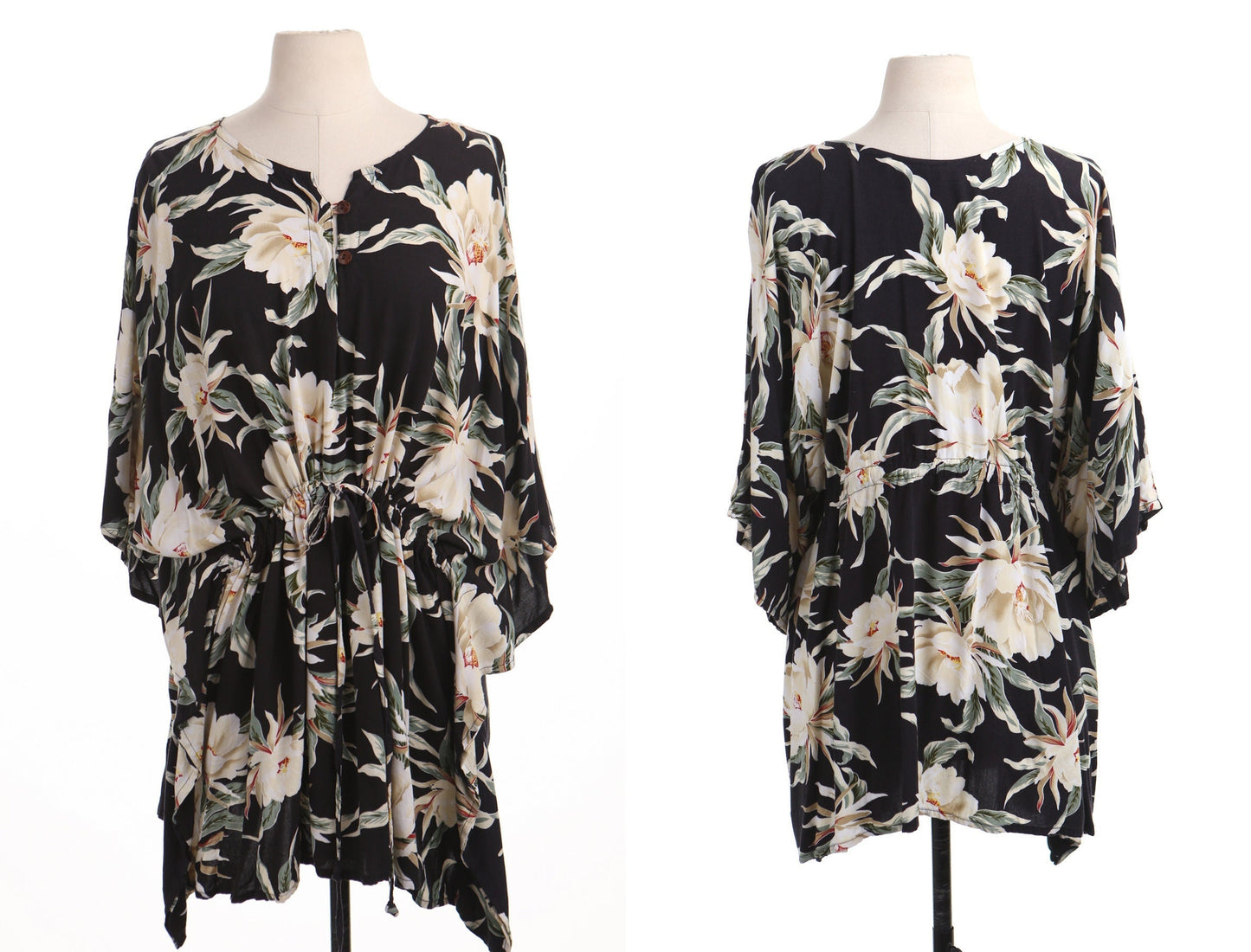 Vintage summer hawaiian dress caftan women floral black lotus flower short waist belt