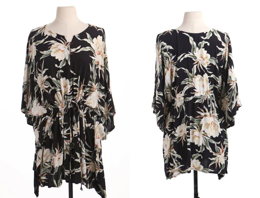 Vintage summer hawaiian dress caftan women floral black lotus flower short waist belt