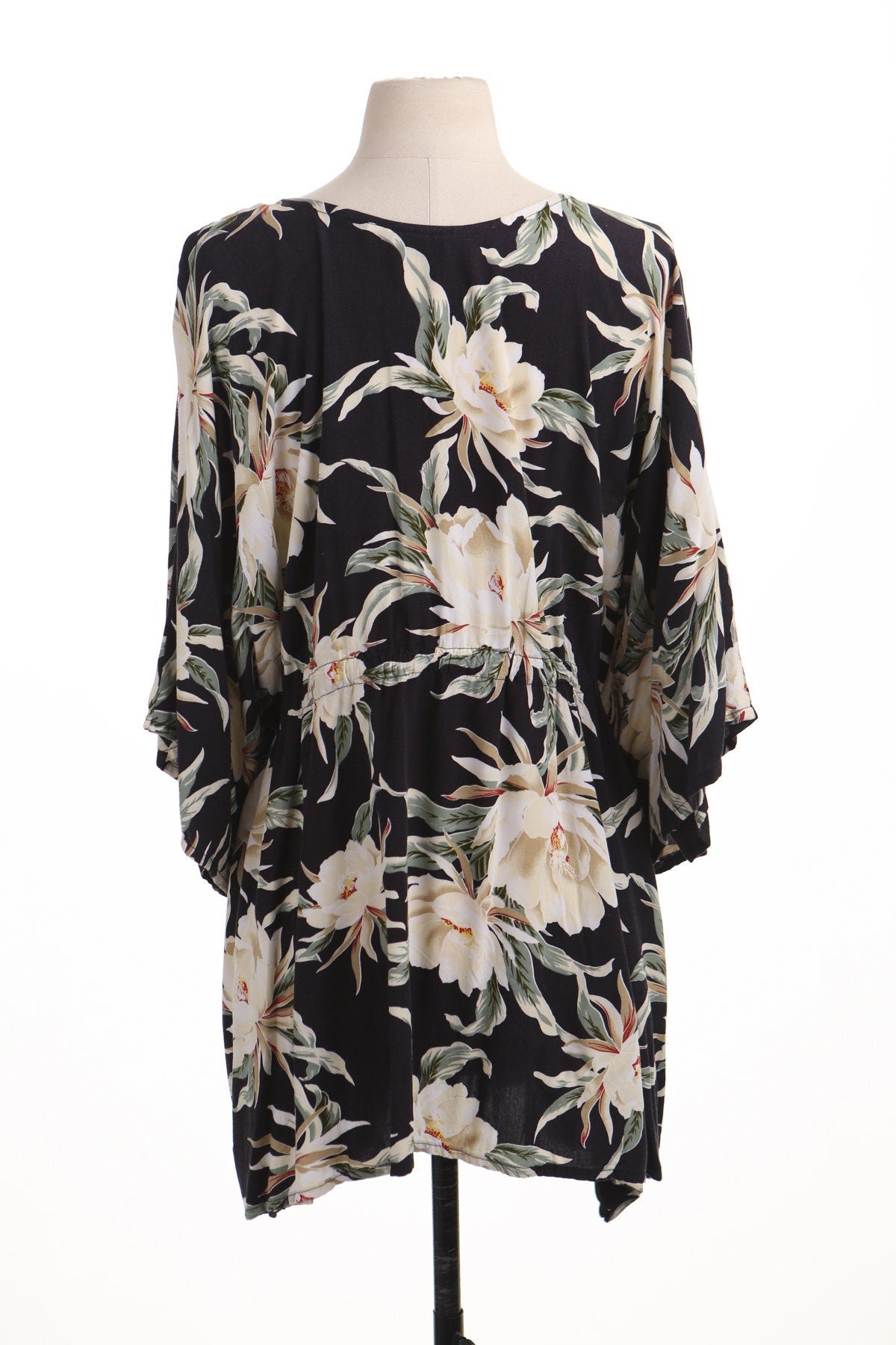 Vintage summer hawaiian dress caftan women floral black lotus flower short waist belt