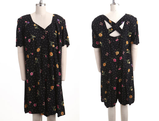 Vintage romper dress jumpsuit floral print 90's black button summer spring