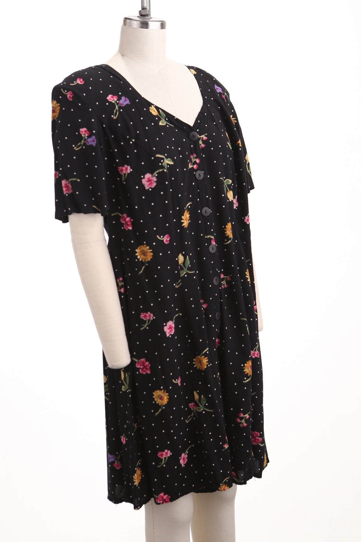 Vintage romper dress jumpsuit floral print 90's black button summer spring
