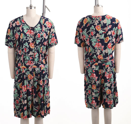 Vintage dress jumpsuit romper floral print blue 90's women rayon summer spring size l