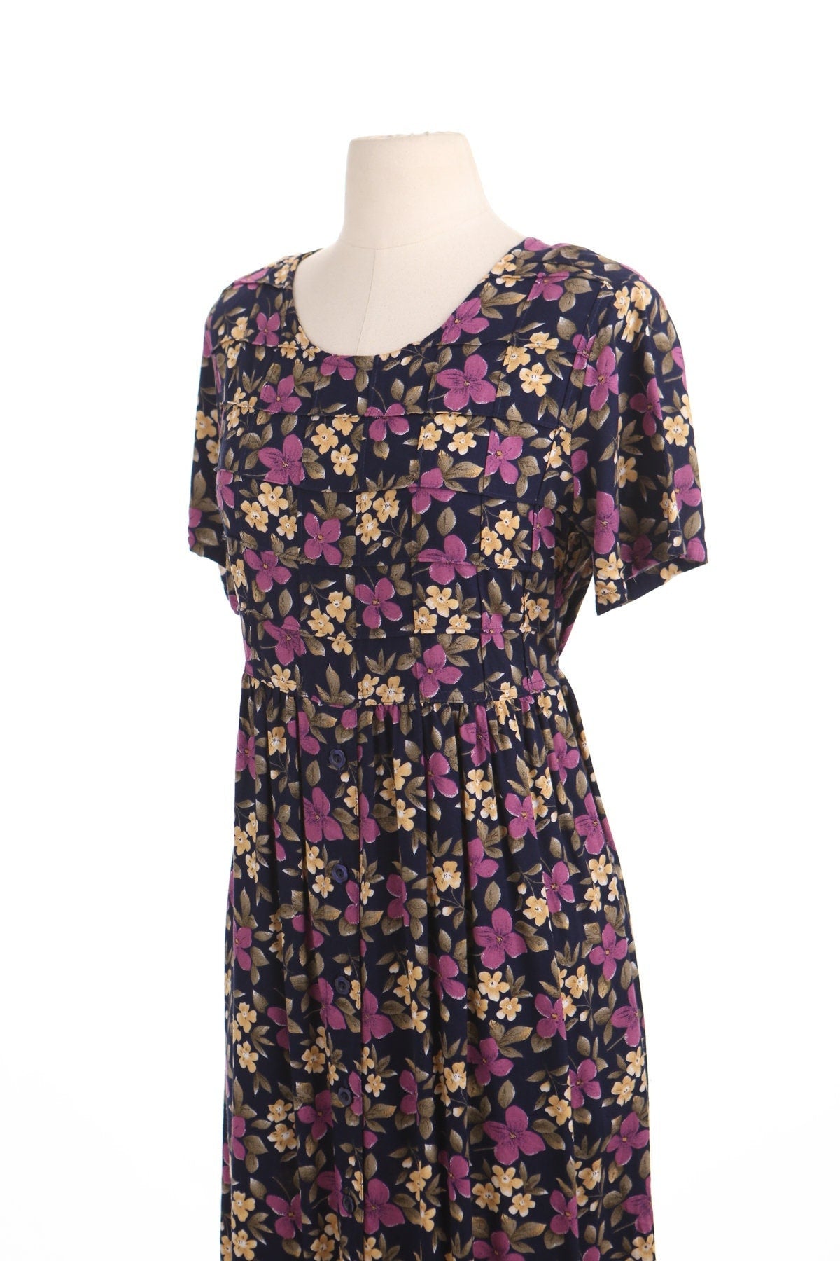 Vintage 90's rayon dress floral blue yellow purple women summer casual petites