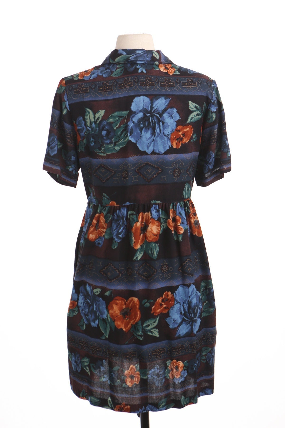 Vintage dress women casual summer black blue floral print button clousure rayon