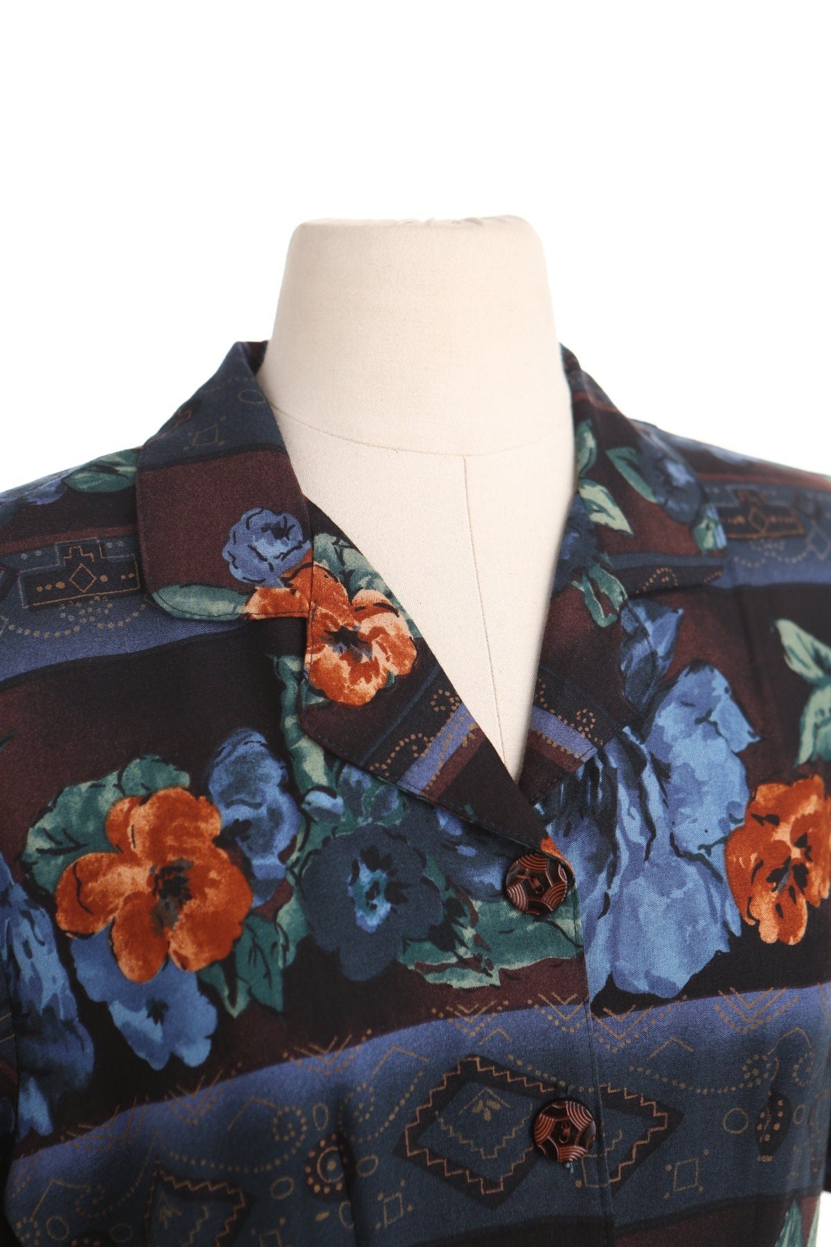 Vintage dress women casual summer black blue floral print button clousure rayon