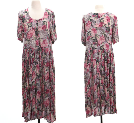Vintage women mumu dress boho floral print 90's rayon pink flowers
