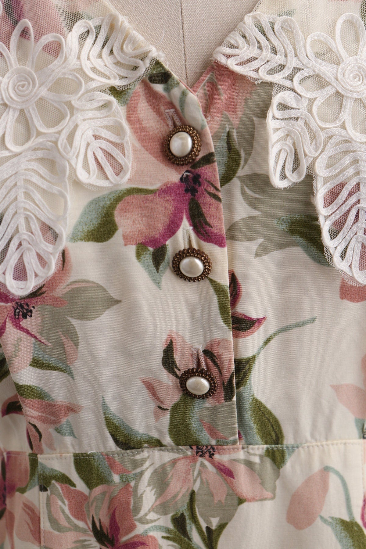 Vintage 90's casual summer dress floral print beige lace women grandma style