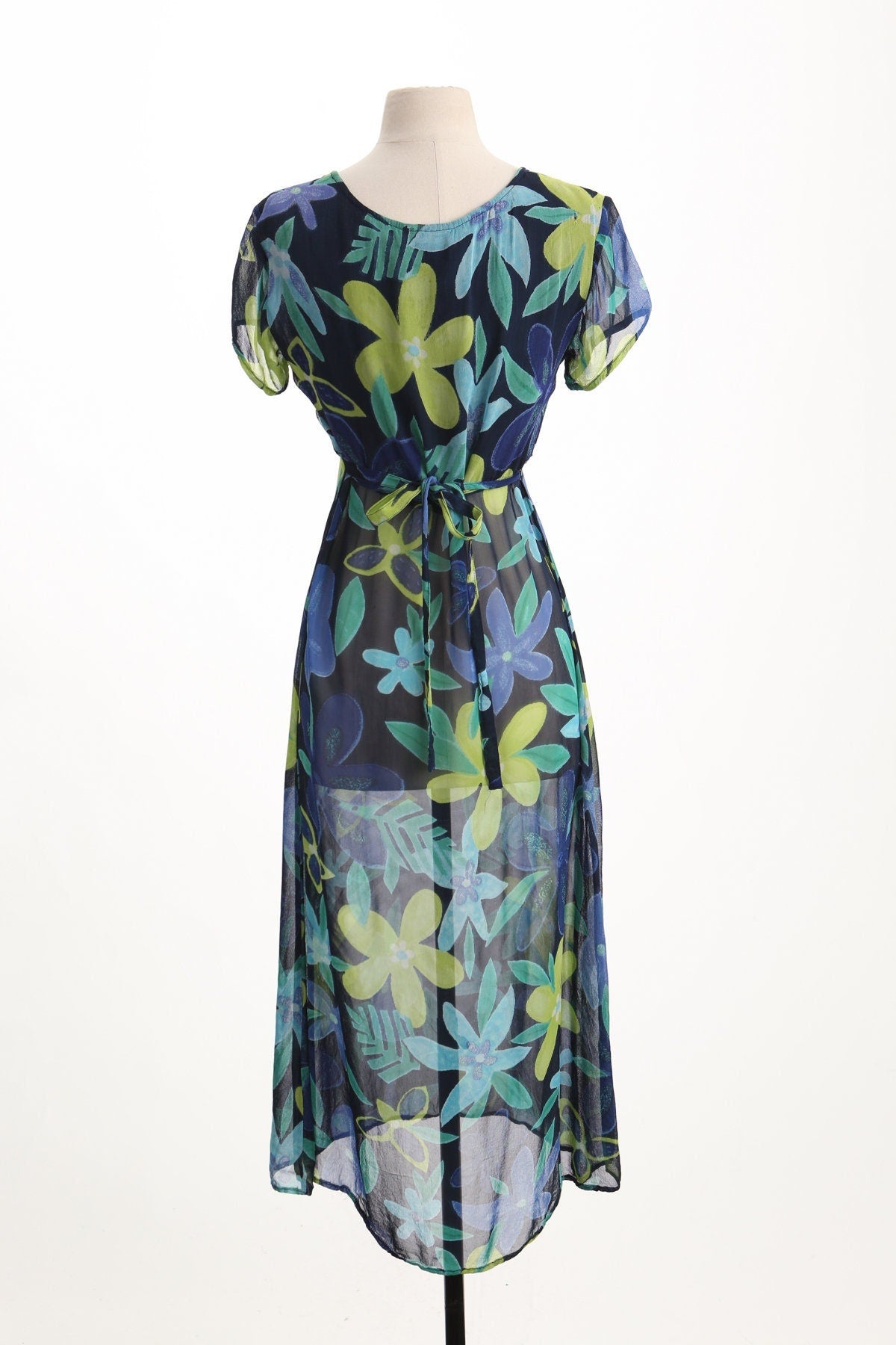 Vintage summer dress women floral plant print green blue long short sleeve