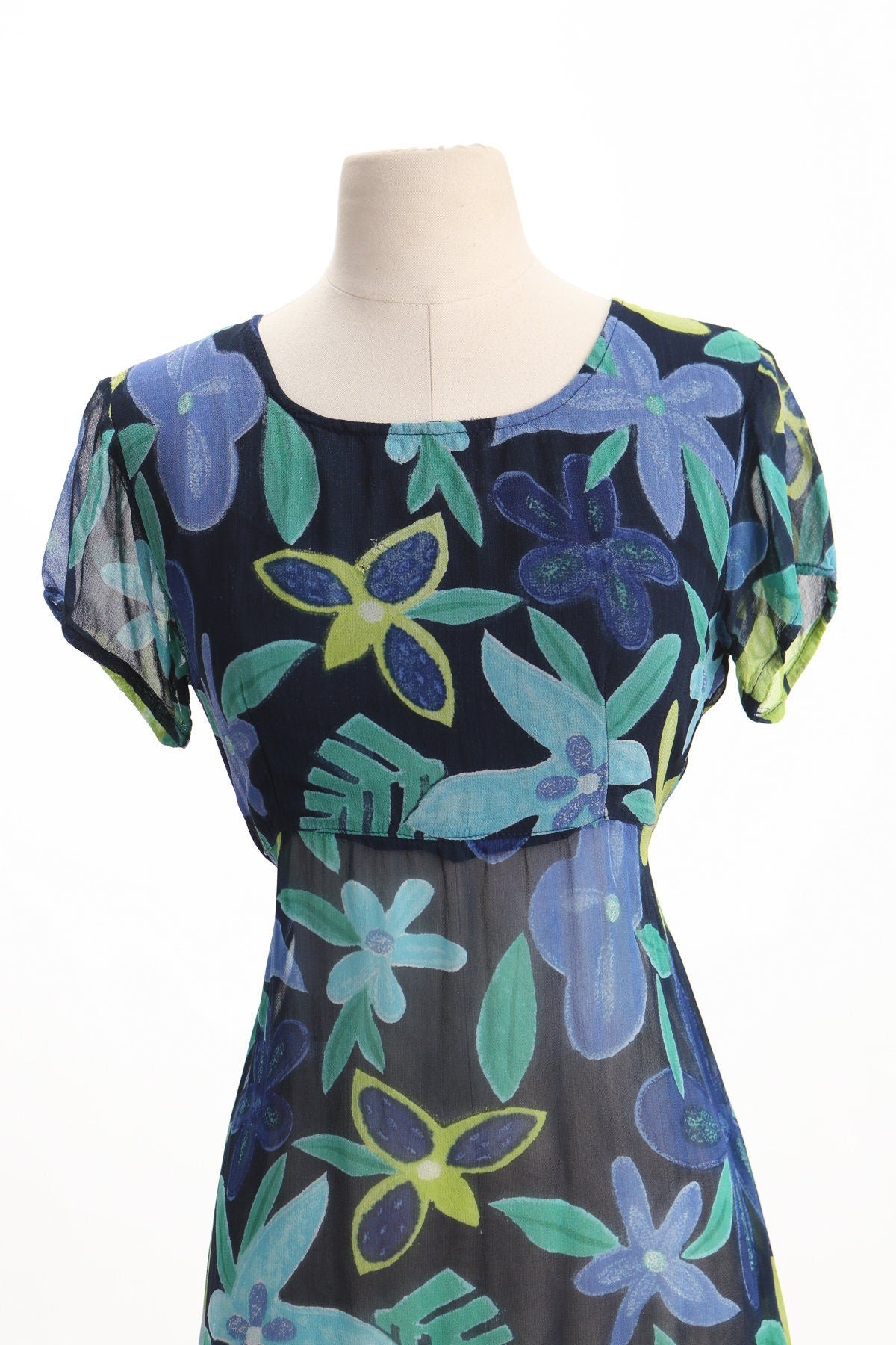 Vintage summer dress women floral plant print green blue long short sleeve