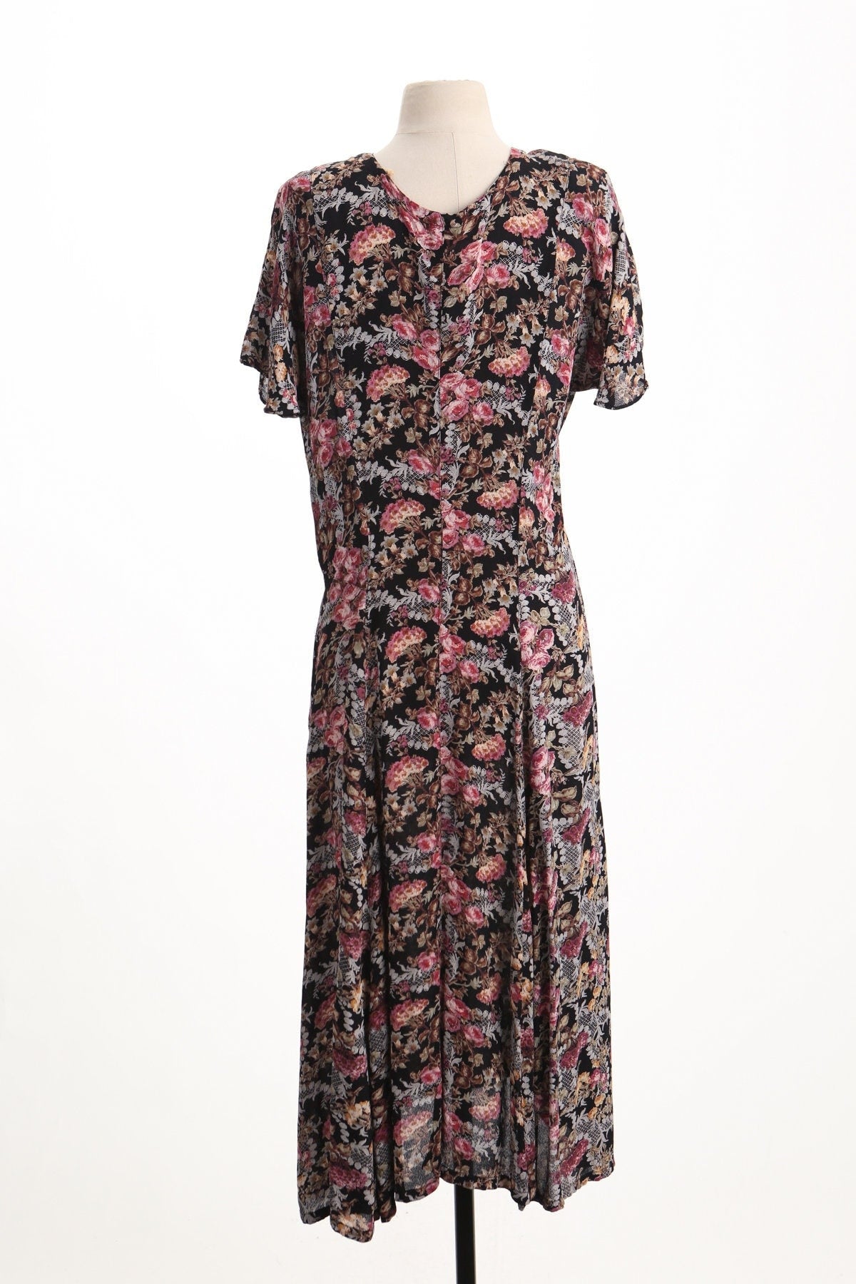 Vintage summer floral print rayon long casual dress black button
