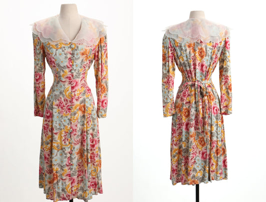 Vintage women floral print rayon summer grandma dress green pink red button back belt