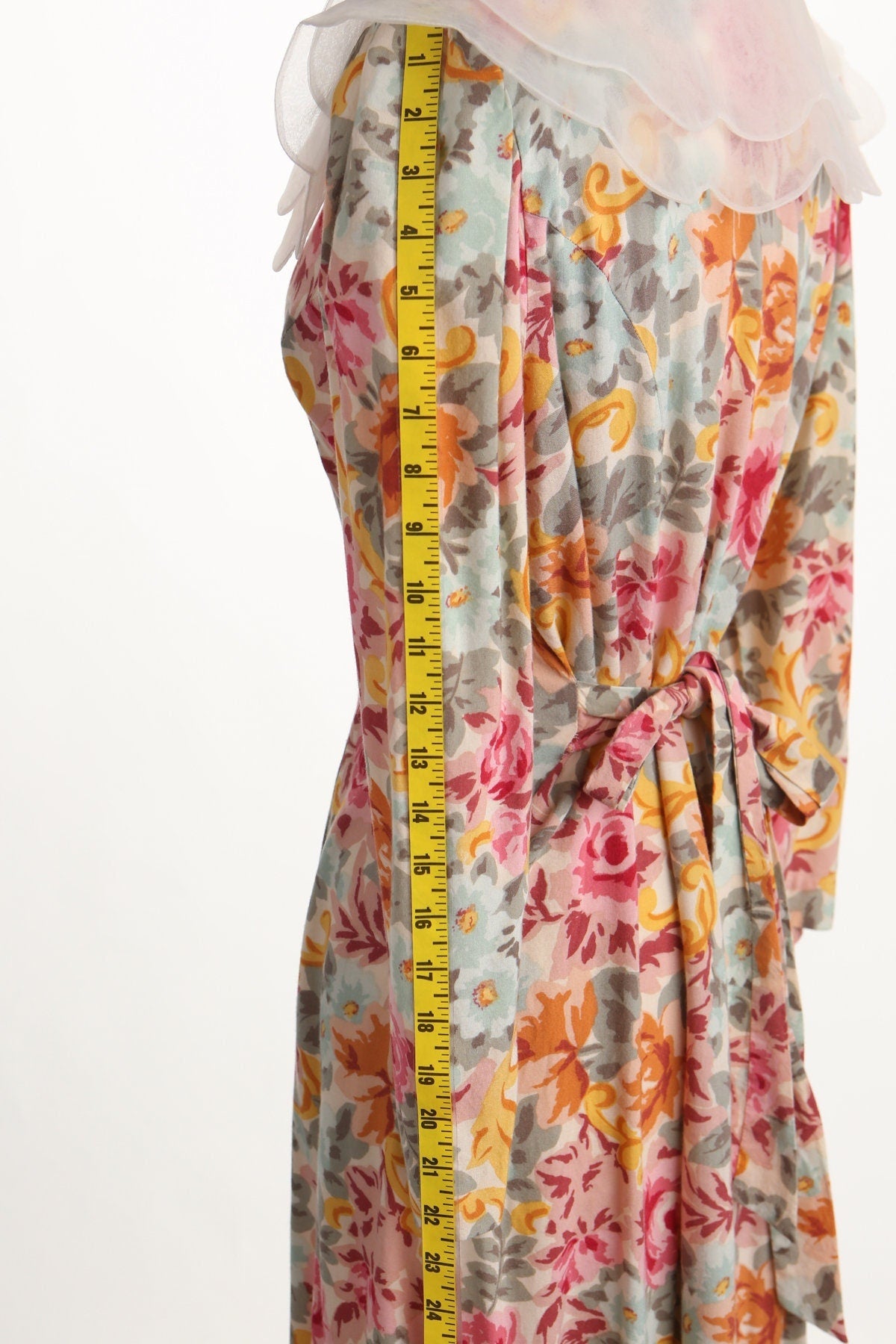 Vintage women floral print rayon summer grandma dress green pink red button back belt