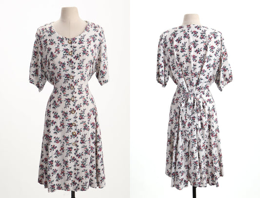 Vintage 90's floral print white summe dress button pearl short sleeve back tie belt