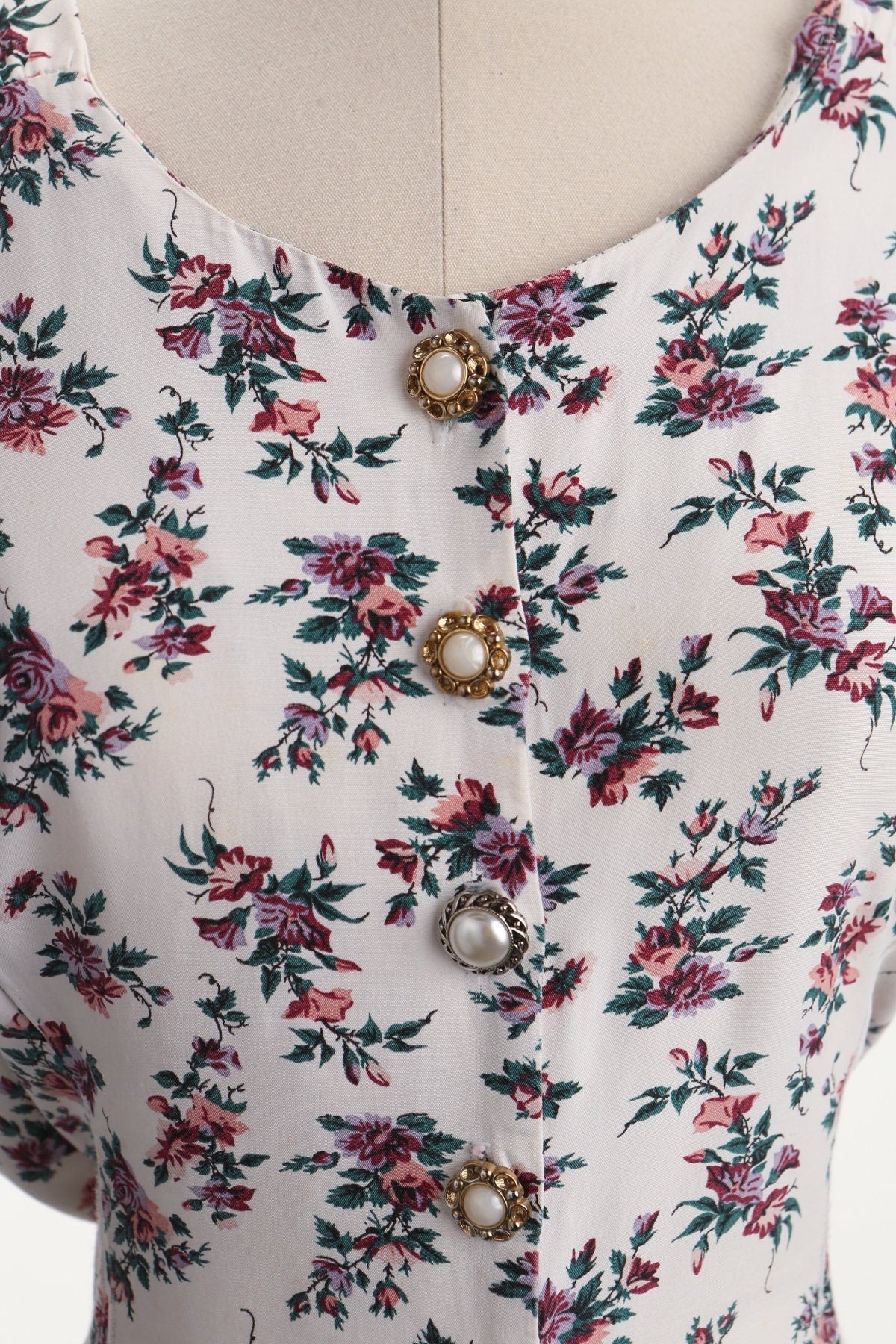 Vintage 90's floral print white summe dress button pearl short sleeve back tie belt