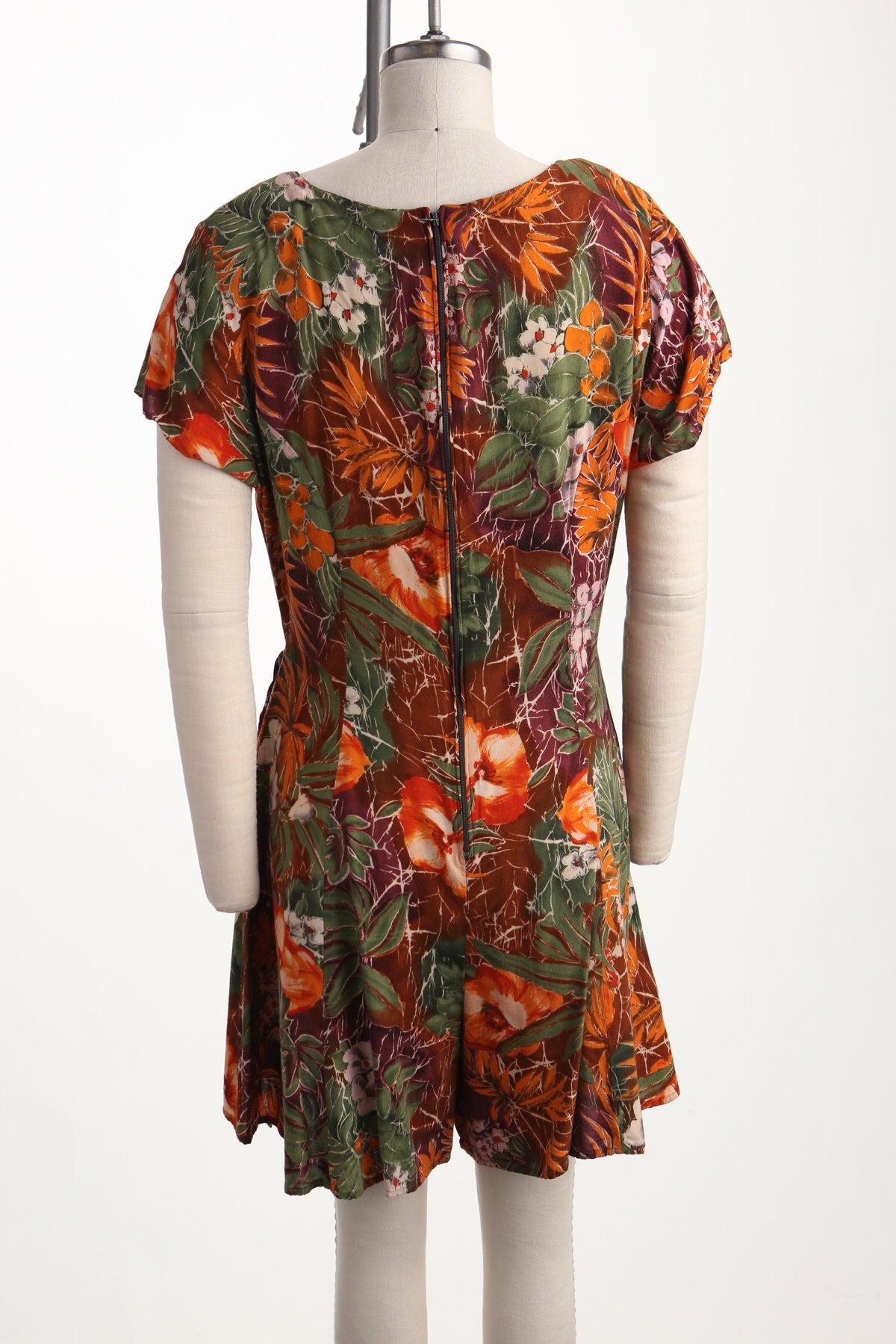 Romper 90's summer dress red floral back zipper v neck