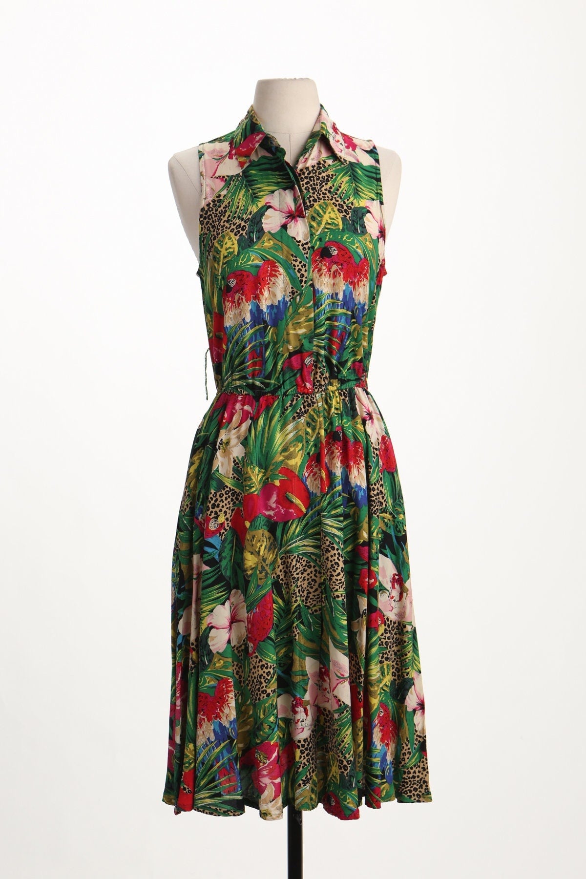 Vintage women 90's summer jungle print bird green cheetah long collared button