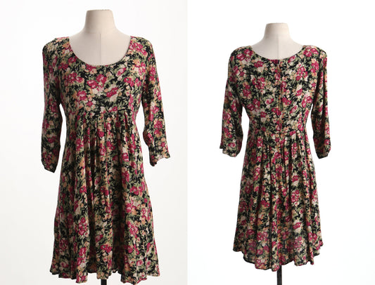 90's dress black floral summer women vintage print yellow pink flowers back zipper