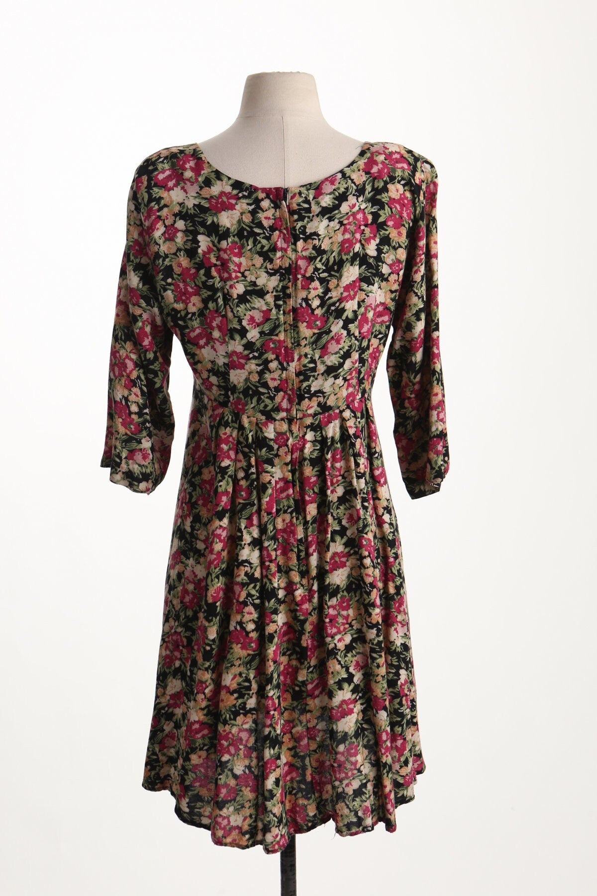 90's dress black floral summer women vintage print yellow pink flowers back zipper