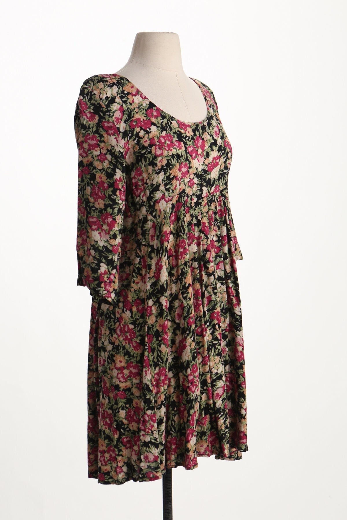 90's dress black floral summer women vintage print yellow pink flowers back zipper