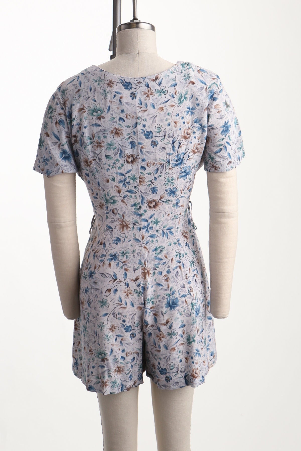 Vintage 90's summer floral dress women romper blue white button strap waist