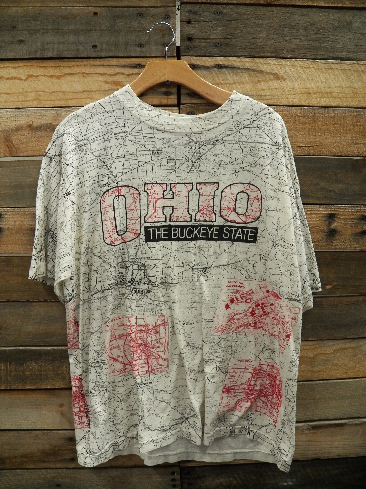 Ohio state graphic t-shirt map the buckeye state vintage white black red road map