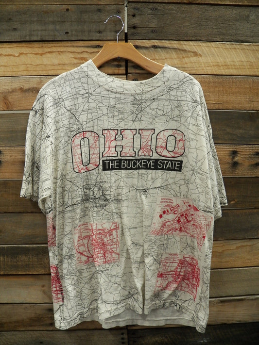 Ohio state graphic t-shirt map the buckeye state vintage white black red road map