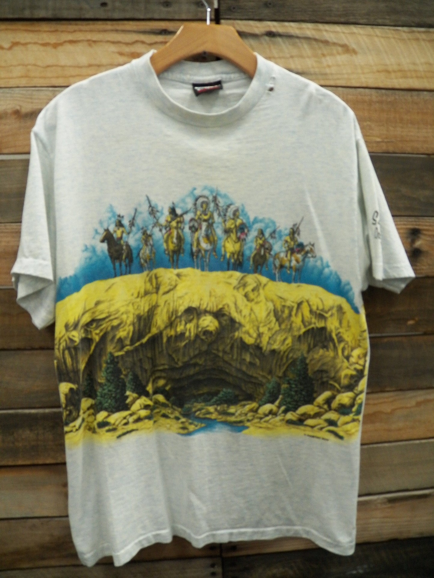 Native american graphic t-shirt double side signal sport label vintage gray indian cotton made in usa