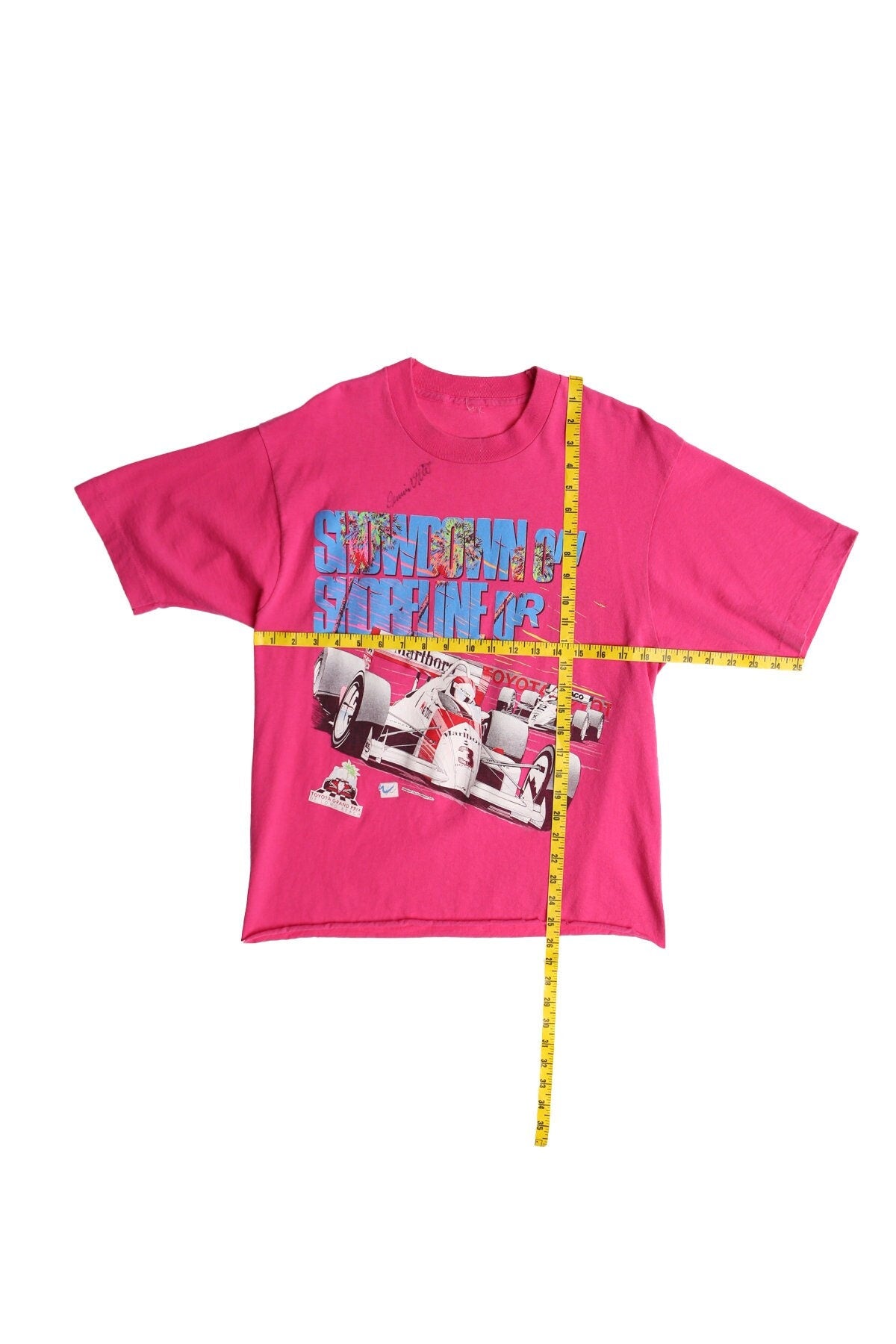 Vintage formula one malboro toyota texaco graphic t-shirt long beach autographed pink shirt racing
