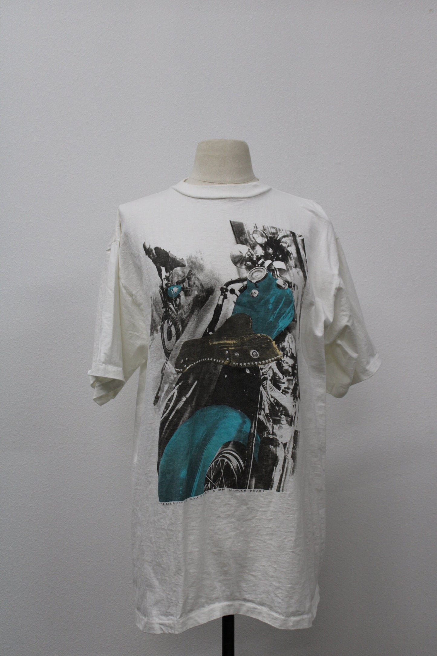 Motorcycles graphic white t-shirt drag racing biker muscle beach biker blues by eva estes