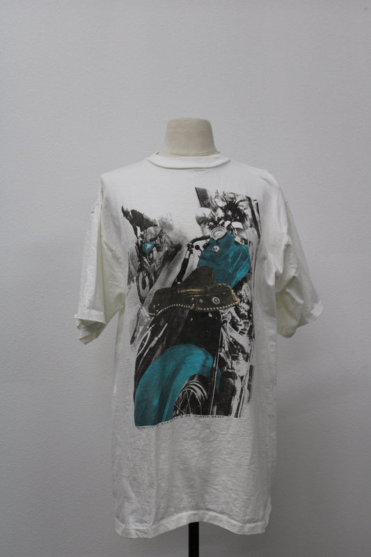 Motorcycles graphic white t-shirt drag racing biker muscle beach biker blues by eva estes
