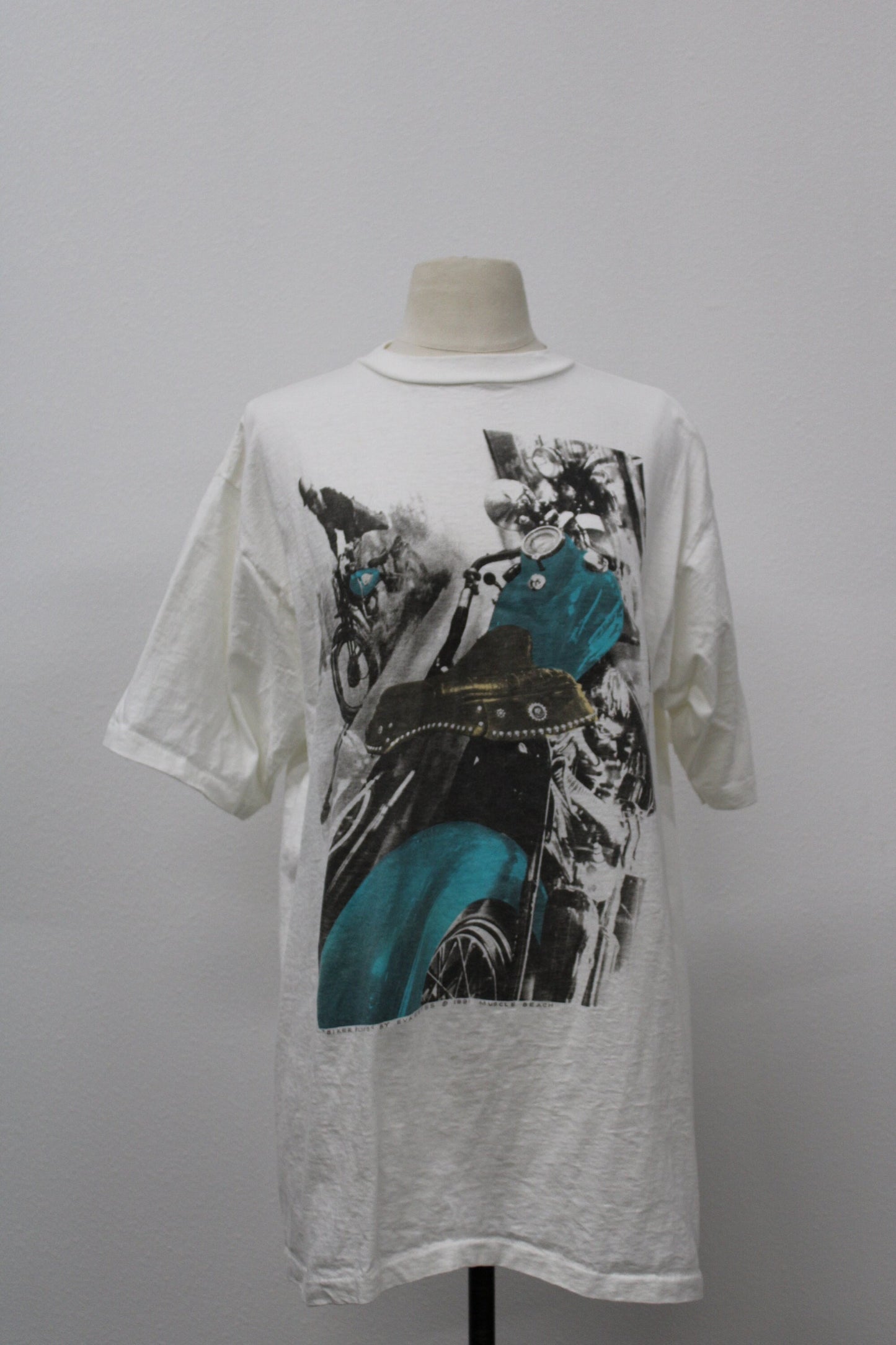 Motorcycles graphic white t-shirt drag racing biker muscle beach biker blues by eva estes