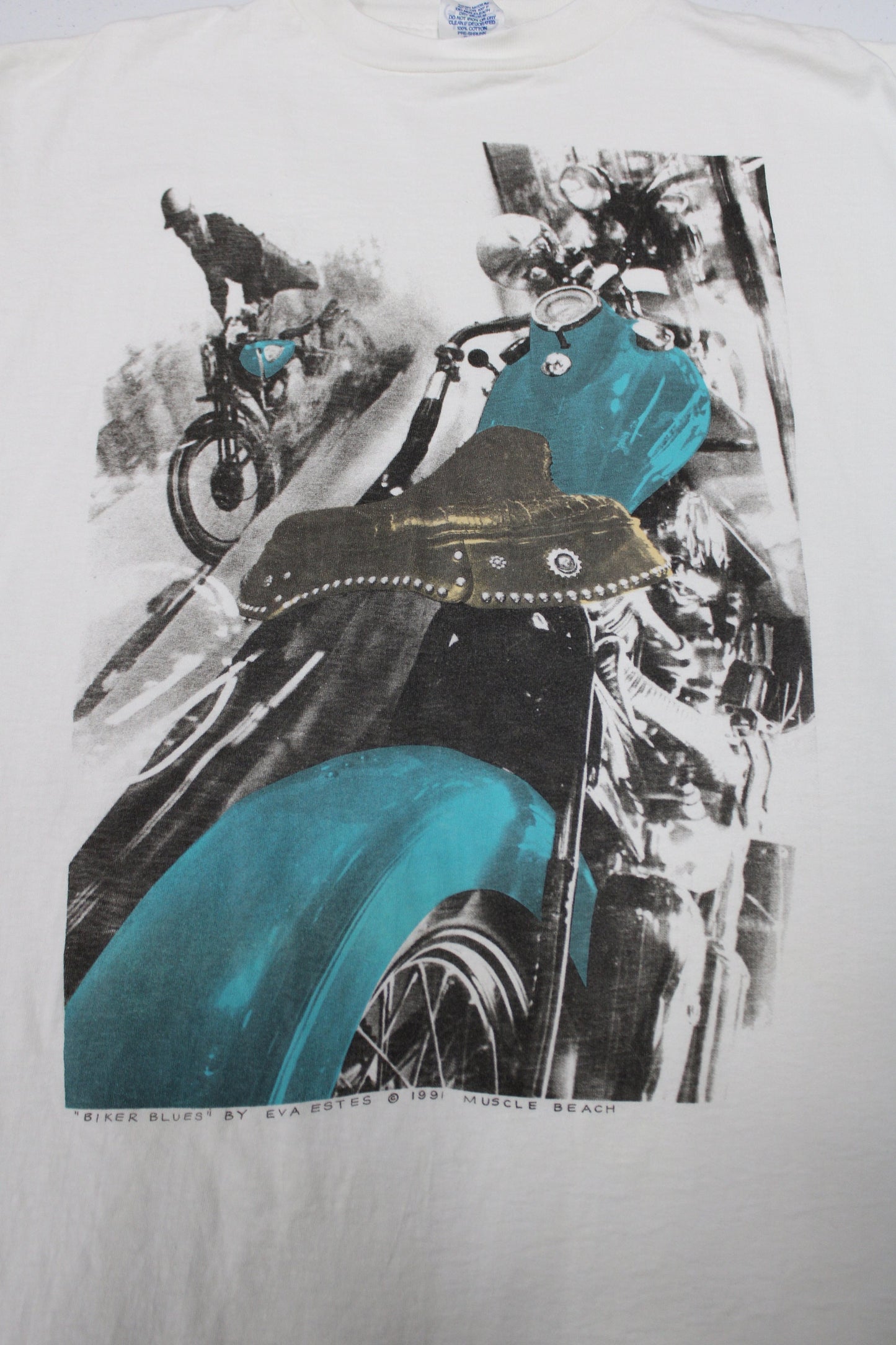 Motorcycles graphic white t-shirt drag racing biker muscle beach biker blues by eva estes