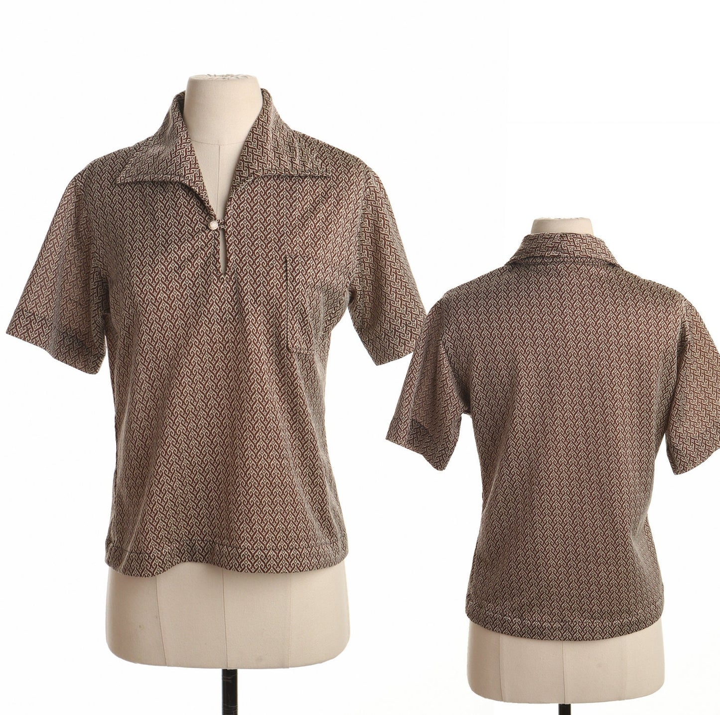 Men 70's poly shirt brown disco mod butterfly neck hippie casual