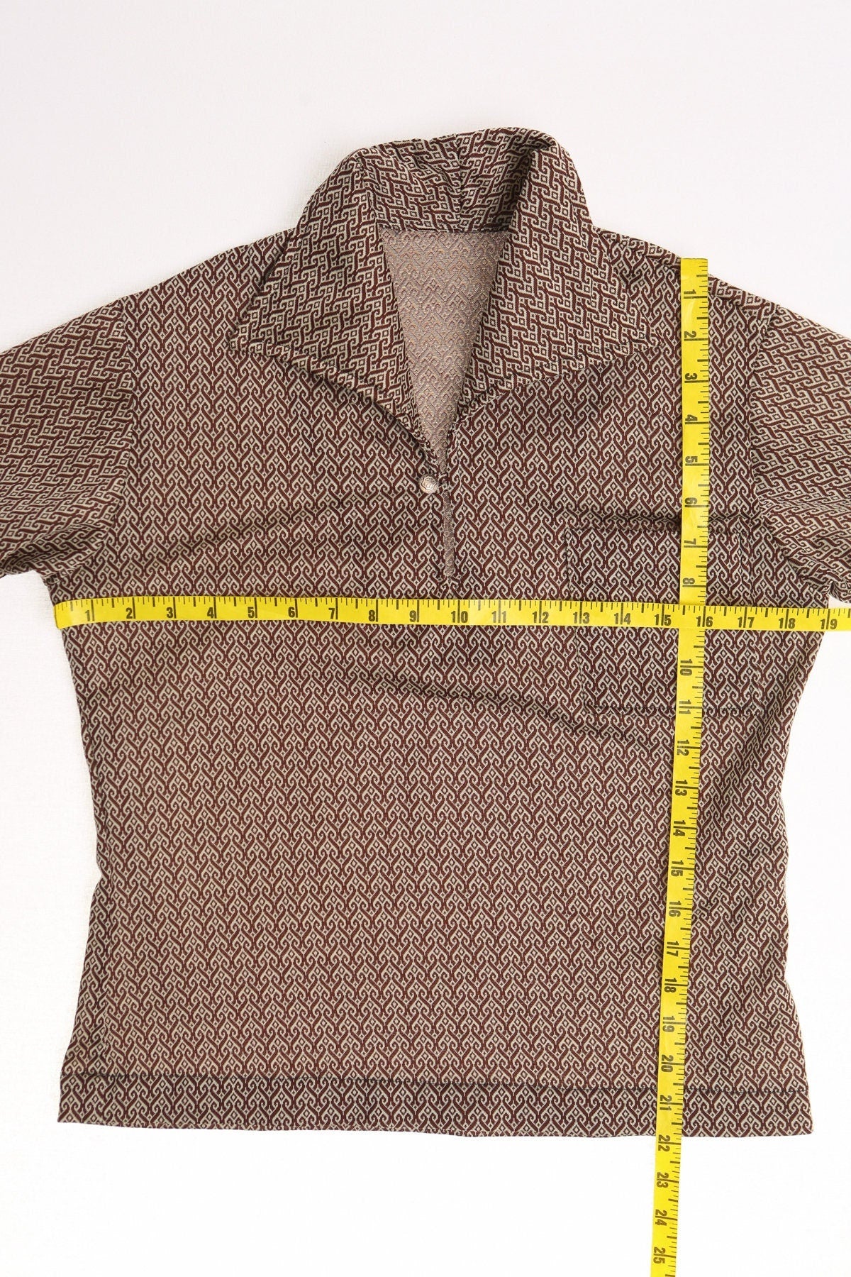 Men 70's poly shirt brown disco mod butterfly neck hippie casual