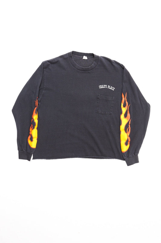Vintage biker shirt long sleeve chad's place big bear lake callifornia saloon 80's flames print