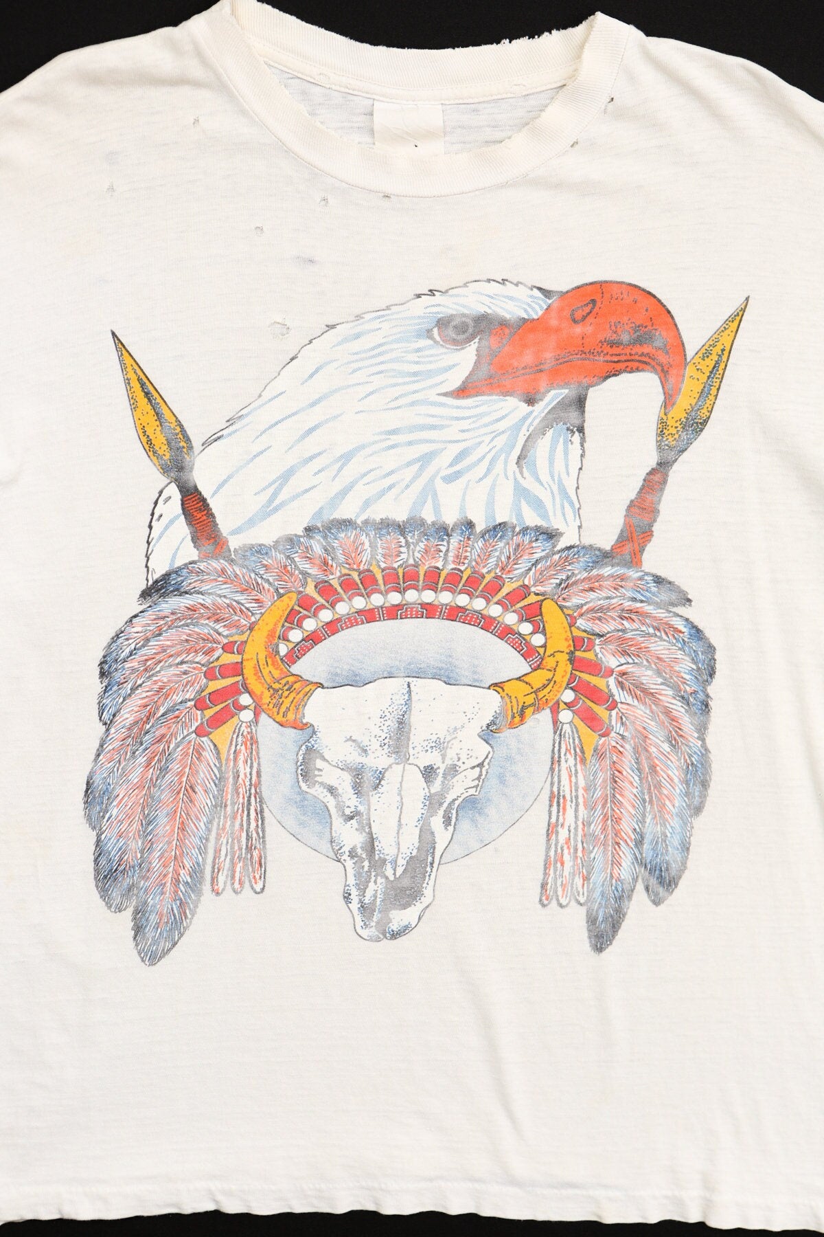 Vintage bald eagle bull skull 70's native american shirt white distressed india tribe