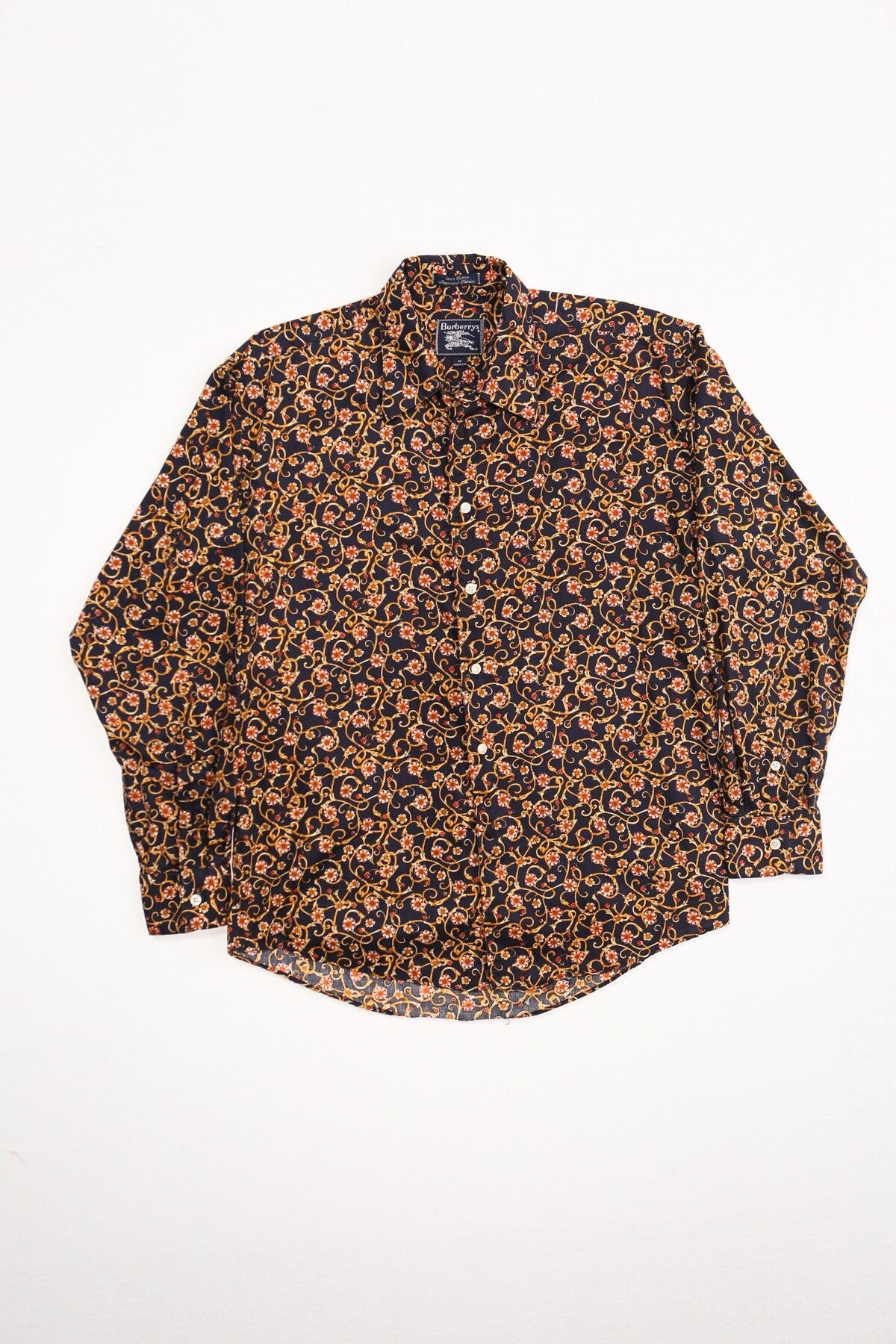 Men button up casual shirt floral golg burberrys medium black y2k