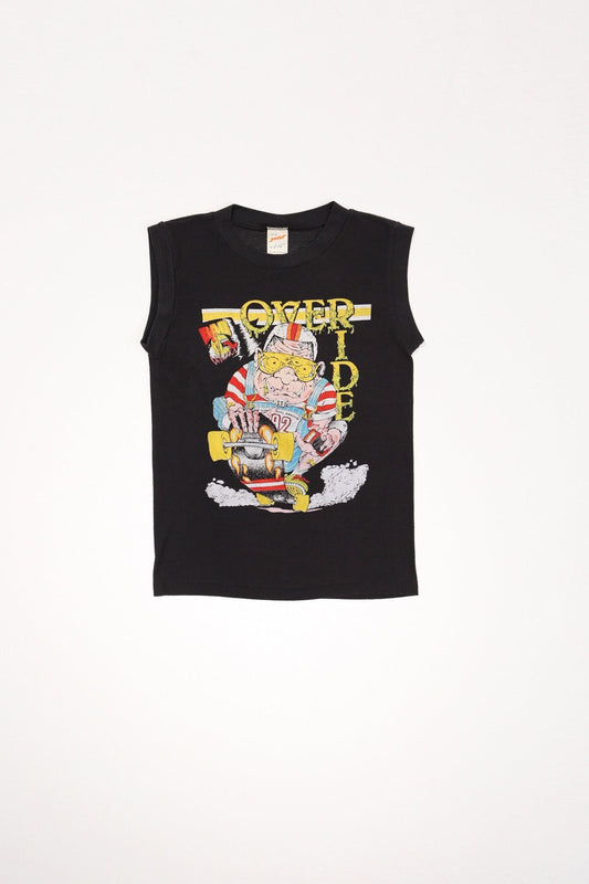 Vintage skater graphic t-shirt sleeveless black over ride bad wheels skateboard 80's