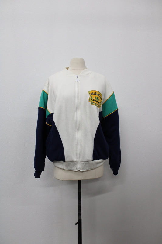 Adidas vintage sweatshirt white blue yellow green silver label leader the spirit carries graphic embroidered zip up