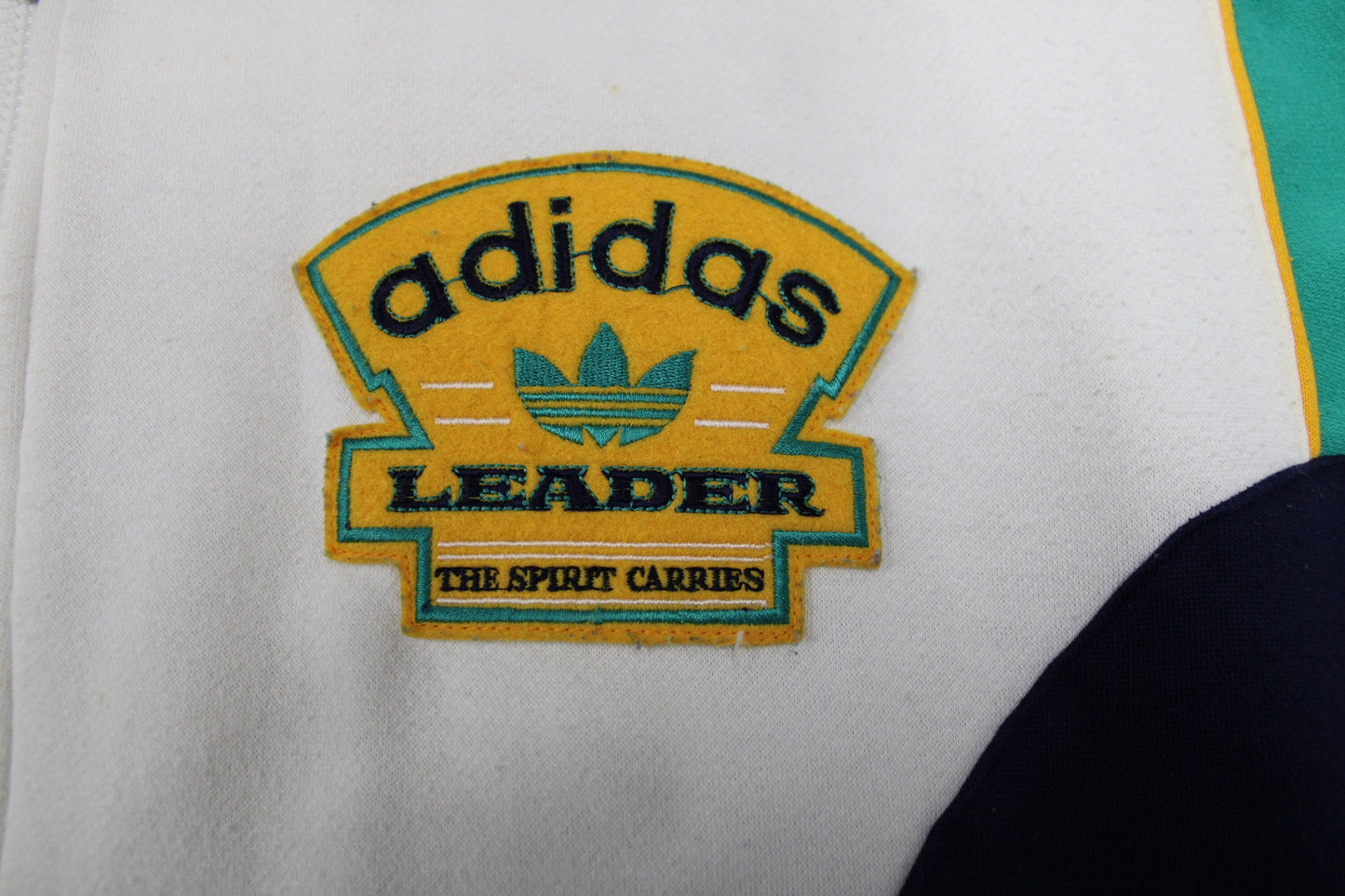 Adidas vintage sweatshirt white blue yellow green silver label leader the spirit carries graphic embroidered zip up