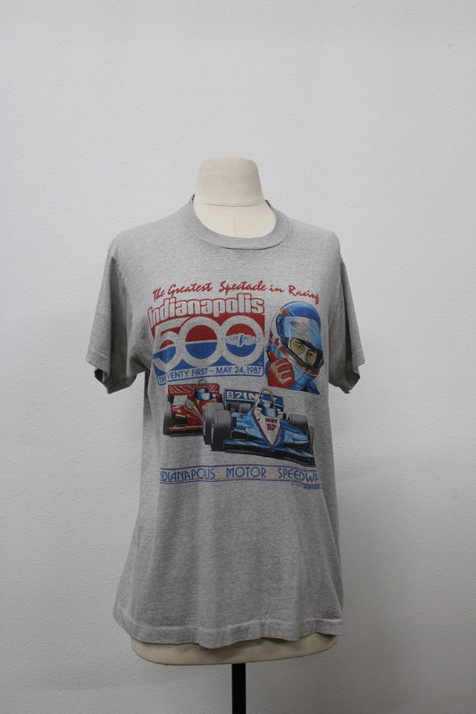 Vintage indianapolis 500 formula one may 24 1987 indianapolis motor speedway racing sport service gray 80's graphic t-shirt