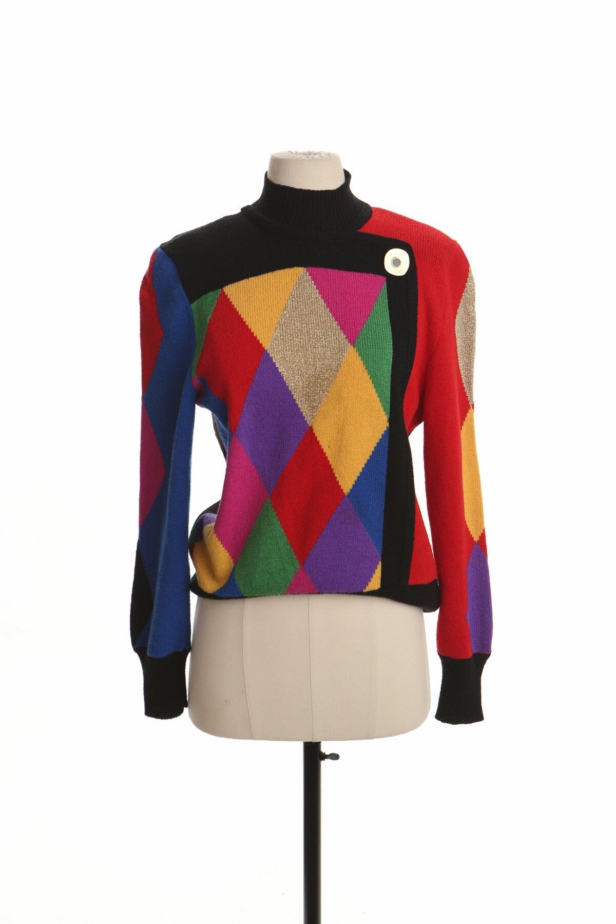 Vintage women 90's casual sweater black 80's side button geometric