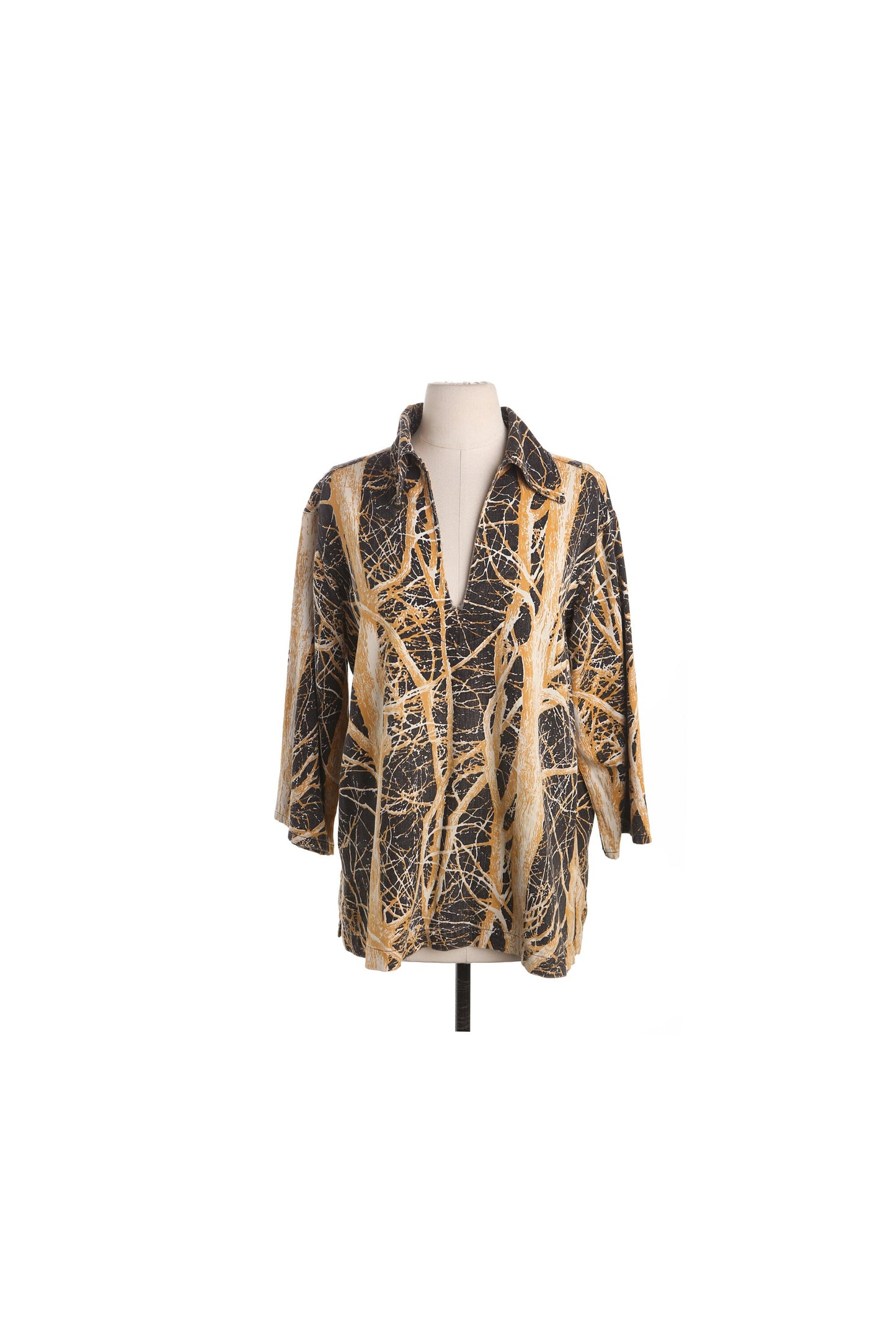 70's Brown Top with Yellow Forest Print - Pullover - Deep V Neck - Hippie