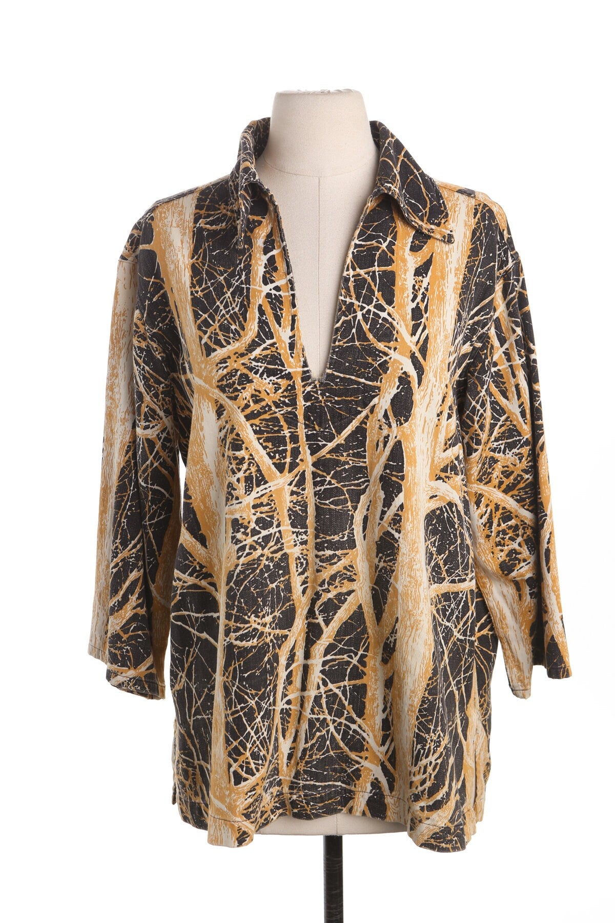 70's Brown Top with Yellow Forest Print - Pullover - Deep V Neck - Hippie