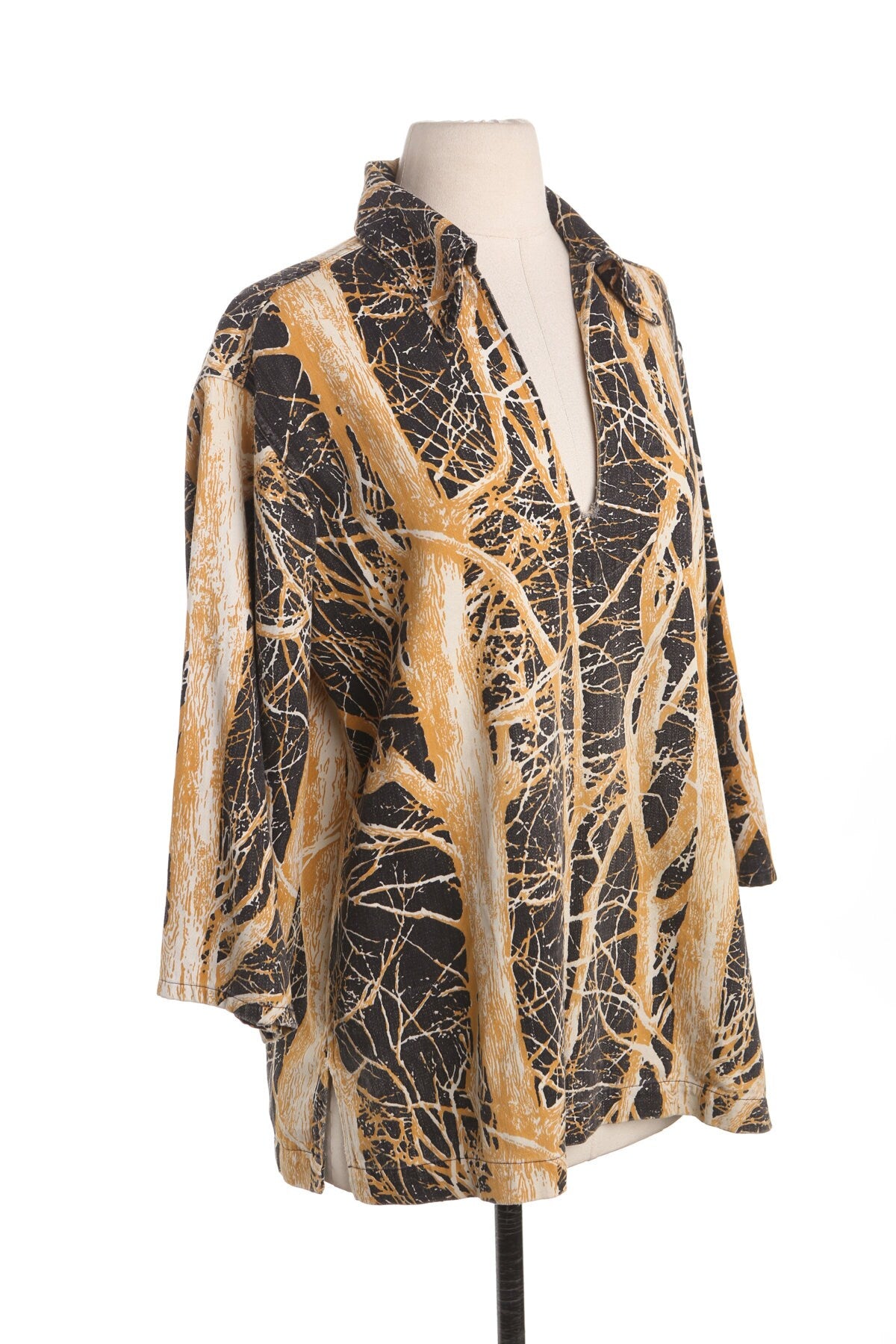 70's Brown Top with Yellow Forest Print - Pullover - Deep V Neck - Hippie