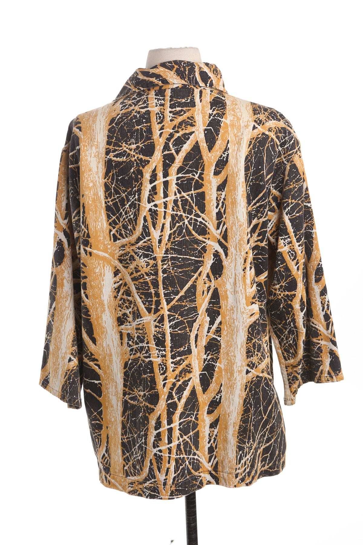 70's Brown Top with Yellow Forest Print - Pullover - Deep V Neck - Hippie