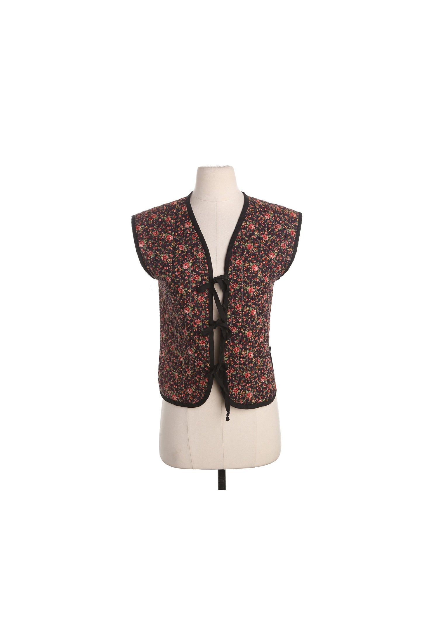 Vintage Floral Print Black Women Vest - Hippie - 70's - Tie Closure