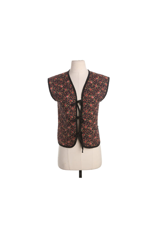 Vintage Floral Print Black Women Vest - Hippie - 70's - Tie Closure