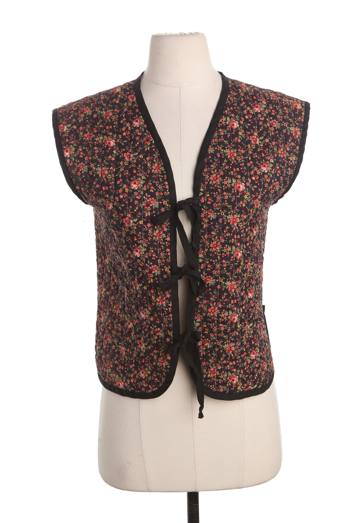 Vintage Floral Print Black Women Vest - Hippie - 70's - Tie Closure